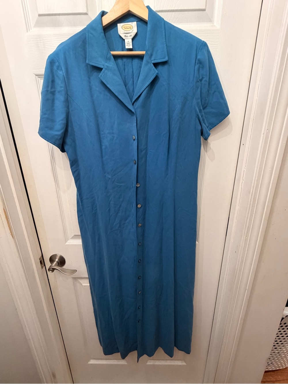 Vintage Talbots Silk Teal-Blue Short-Sleeve Button-Front Maxi Dress